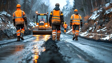Supervising Asphalt Paving: Road Workers in Reflective Gear with Road Roller in Background. Concept Asphalt Paving, Road Workers, Reflective Gear, Road Roller, Supervising - obrazy, fototapety, plakaty