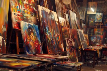 Obraz premium Creative art room showroom living room full of paintings pictures painter gallery museum interior design murals walls canvas boho furniture antique apartment rent living floor decoration inspiration