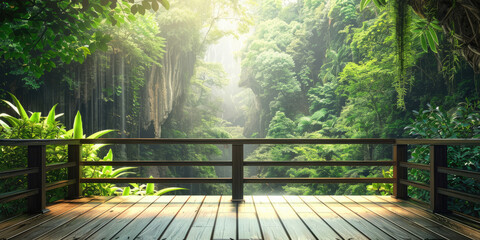 Obraz premium Wooden balcony in rainforest, observing point of the natural beautiful view