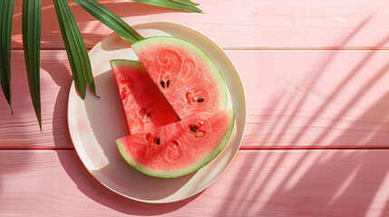 Slices of watermelon on the plate on a pink wooden table with a palm branch