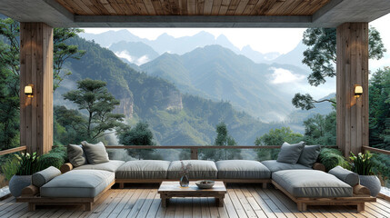 Obraz premium Interior design - wooden terrace with the sofa in the mountains