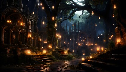 Gothic cemetery at night. Halloween concept. 3D Rendering