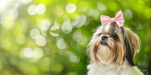 A Shih Tzu with long hair and pink bows looks at the camera against a blurred green backdrop, with room on the right.