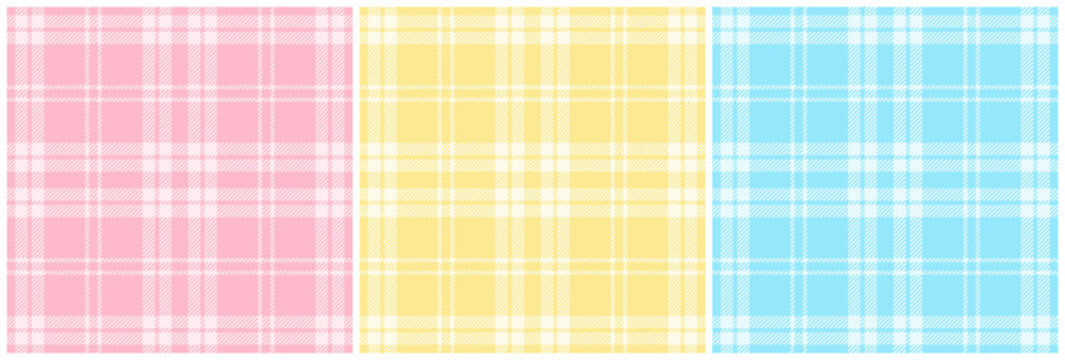 Pink, yellow and light blue tartan plaid pattern set. Classic Scottish seamless check pattern for plaid fabric, flannel shirt, blanket, clothes, skirt, tablecloth, textile.