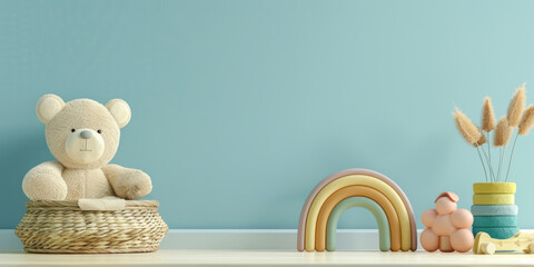 A wooden rainbow toy and a basket of infant toys, including a teddy bear on the left, are arranged on a pastel blue backdrop in a simple, minimalistic layout.