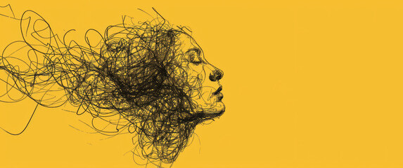 A focal point with lines diverging in different directions against a yellow background represents mental health complexity.