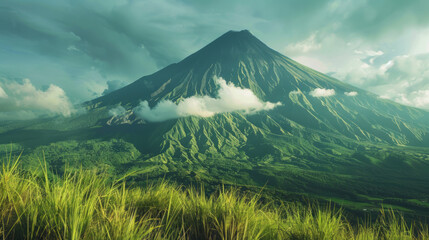 A lush green volcano towers into the sky, bathed in soft natural light. - obrazy, fototapety, plakaty