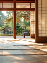 Traditional Japanese Room with View of Autumn Garden