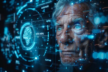 Elderly man  an AI interface displaying  data points about him such as his age representing advanced technology used for maintaining a young appearance through  AI science or medicine