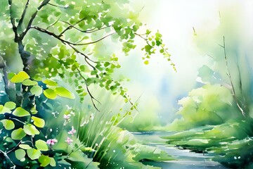 Watercolor painting of a forest stream: serene water flows through lush greenery, with delicate flowers blooming on overhanging branches.