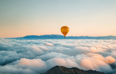 hot air balloon floating above the clouds at sunset