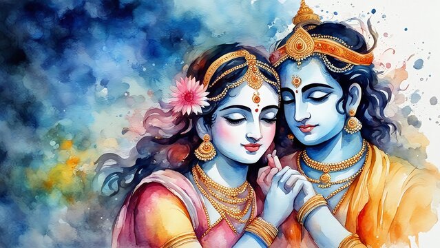 Naklejki Watercolor-style image of Radha and Krishna, showcasing artistic finesse. Ideal for spiritual and cultural themes, enhancing the divine aura in design projects.