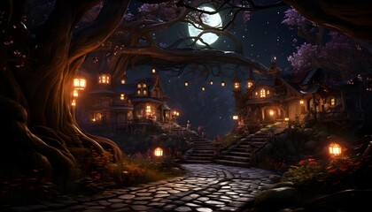 Halloween night with full moon and lighted trees, 3D illustration