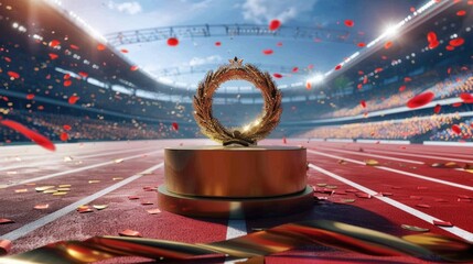 A podium with gold Olympic medal and laurel wreaths on open stadium - obrazy, fototapety, plakaty