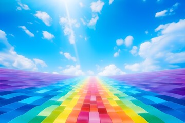 Abstract rainbow lanes curves with blue sky background bright sun light banner wallpaper with copy space pride