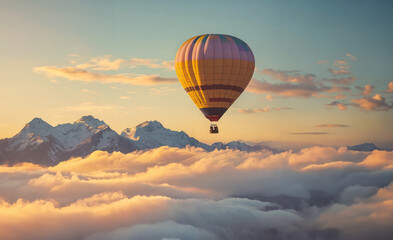 hot air balloon floating above the clouds at sunset with mountains in the background