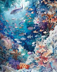 Dive into a mesmerizing underwater kingdom rendered in stunning watercolor hues, featuring intricate coral reefs and vibrant marine life
