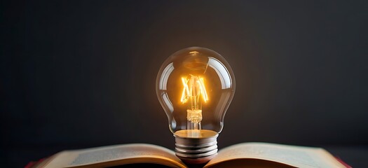 Book gives Ideas. Light bulb on an open book symbolizes inspiration. Ideal for creative concept