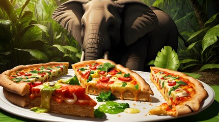 The elephant is enjoying the pizza with various toppings on the plate. - obrazy, fototapety, plakaty