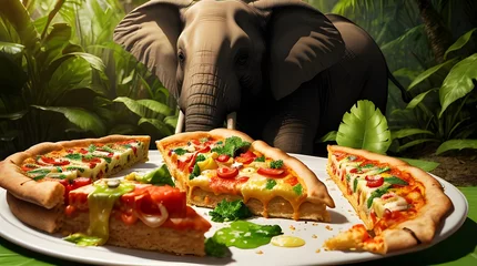Fotobehang The elephant is enjoying the pizza with various toppings on the plate. © Katawut