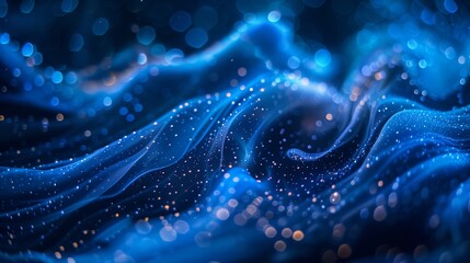 Abstract Blue Waves with Glittering Particles. Abstract image of undulating blue waves with scattered sparkling particles, resembling an underwater dreamscape or a cosmic nebula.