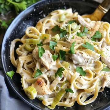 Creamy pasta with chicken and leeks