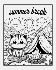 summertime cute cat camp in wilderness with bon fire vector illustration