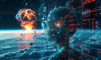 Explosion of data and code under AI control behind it on Earth's surface. A nuclear bomb mushroom  fills half the sky. Digital War concept