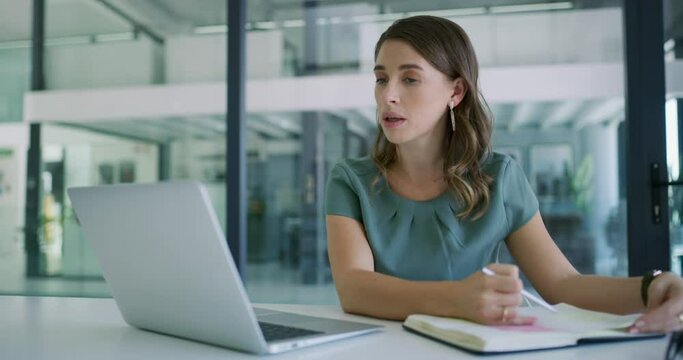 Business woman, laptop and video call with diary for agenda, proposal or schedule planning at office. Young female person or employee talking with notebook on computer in virtual meeting at workplace