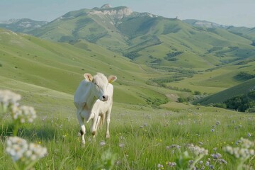 Fototapeta premium Cow goat pasture in a field ecological local farm no cruelty animal safety happiness herd flock milk eco environment sustainability humanity agriculture green forest meadows mountains grass land