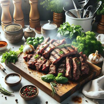 Nyama Choma Grilled Meat with Herbs on Marble Counter