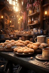 Cup of coffee and cookies on table in bakery shop, panorama