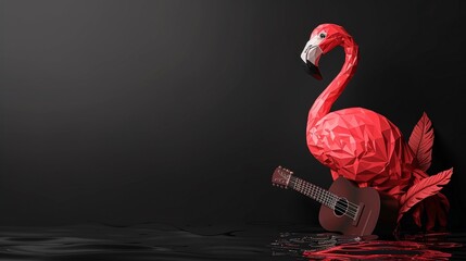 Flamingo playing guitar on black background. Vector graphic, minimalist style, white color palette. High res 3D cartoon style