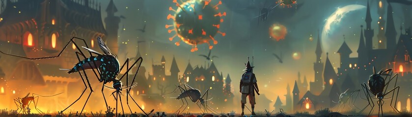 Arboviruses depicted at a magical tournament, where competitors must avoid enchanted mosquitoes in one of the perilous games