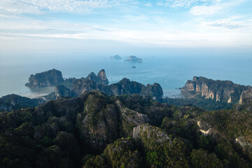 view of rocky mountains and ocean. At Railay Beach