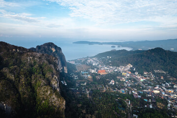 Aerial view of the city and mountains of Ao Nang, Krabi.