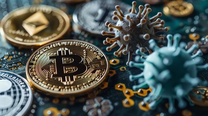 Emerging Viruses shown with digital assets and cryptocurrencies, comparing the unpredictable nature of viral mutations with the volatile digital currency market - obrazy, fototapety, plakaty