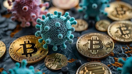 Emerging Viruses spread over digital assets and cryptocurrencies, comparing the unpredictable nature of viral mutations with the volatile digital currency market - obrazy, fototapety, plakaty