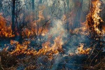 Wildforest fire burning forest trees eecological disaster smoke aerial view from helicopter danger death animals damage hazard blaze pollution tragedy