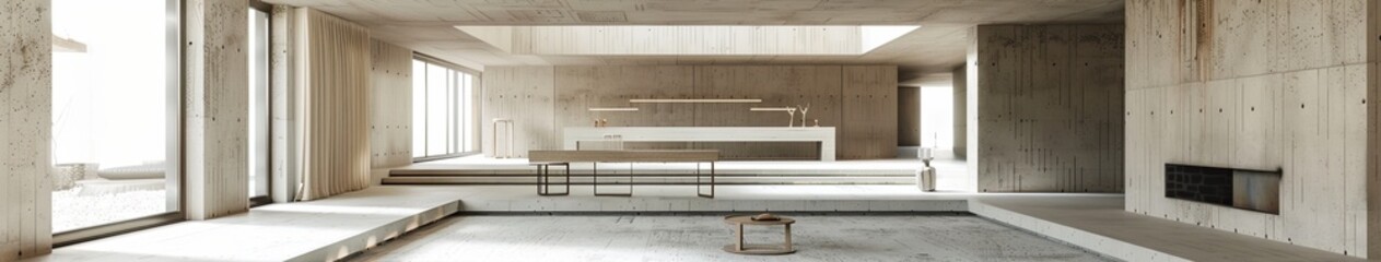 An interior in which concrete metal and bronze materials are used designed by Jacquemus, front view  