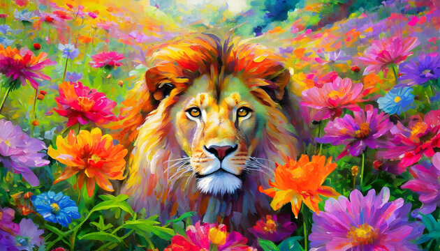 Lion sitting in a field of flowers; symbol of strength,  courage, compassion, acrylic painting illustration
