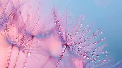 Water drops falling on beautiful dandelion seeds, blue and purple, soft dreamy and gentle artistic image form
