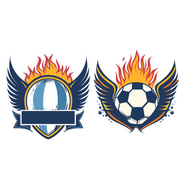 Two flaming soccer balls clash inside a winged shield, symbolizing intense athletic rivalry