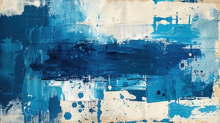 Abstract Painting with Varied Blue Strokes and Patterns on Vintage Paper