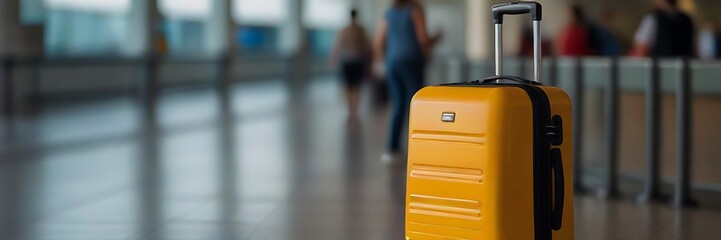  suitcases in empty airport hall, traveller cases in departure airport terminal waiting area, vacation concept