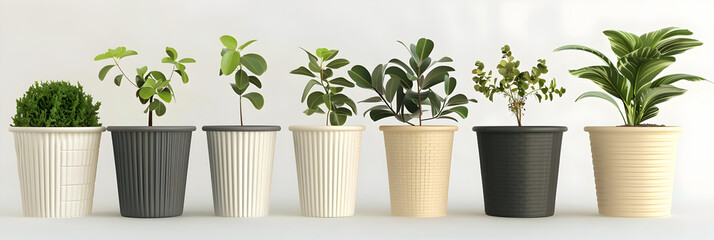 
Green houseplants in pots and watering can on wooden table near white wall ,window lights reflecting on three plants, home setting.