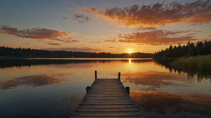 Serene Lakeside Landscape with Wooden Dock, Reflective Water, and Idyllic Sunset Sky