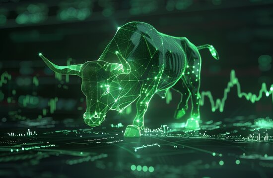 A green bull charging forward, with stock market