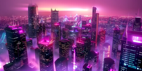 Obraz premium Skyscrapers light up the sky in a vibrant purple and pink cityscape
