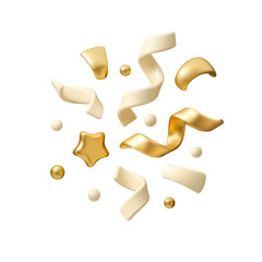 Vector 3d gold confetti background. White and golden cute cartoon falling serpentine. Birthday party or anniversary celebrate decoration isolated - 791271392